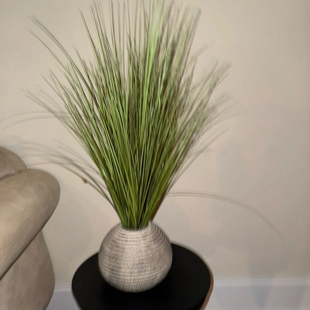Decorative Green Grass Arrangement in Textured White Vase